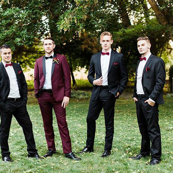 men suits black groom wedding tuxedos shawl lapel burgundy groomsmen blazer bridegroom jacket costume homme 2piece slim fit terno masculino, Black;gray